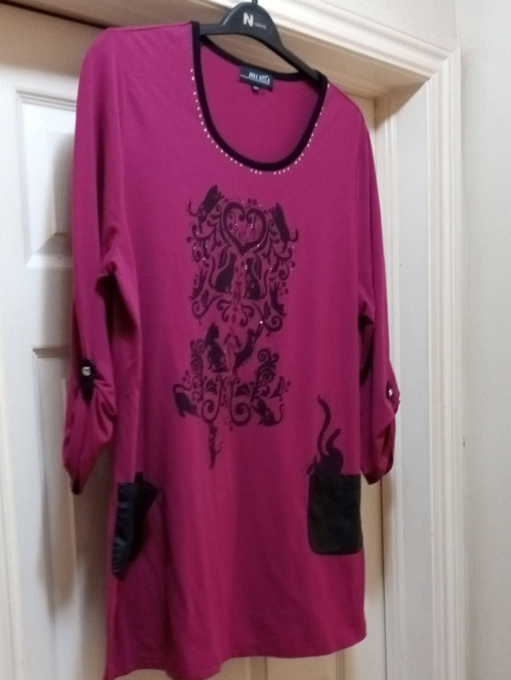 💲2. ▶Annabella Fuchsia Long Sleeve Tunic with Black Trim and Pockets